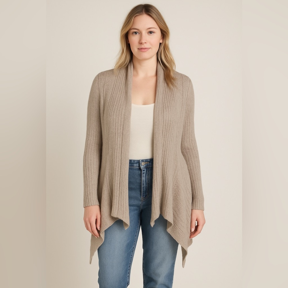 Cynthia Rowley wool blend open front shark bite‎ hem light brown cardigan, L
